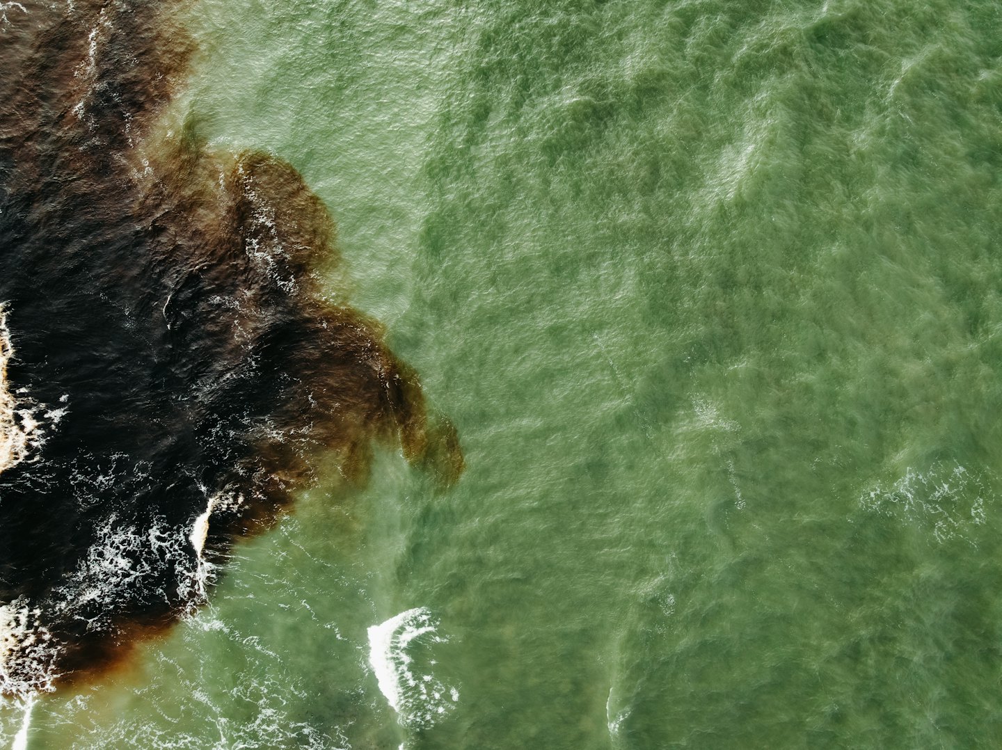 Dark oil spills into the bright green ocean water.